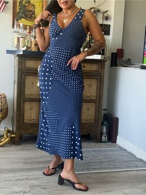 Navy Polka Dot Sleeveless Midi Dress - Classic Women's Dress